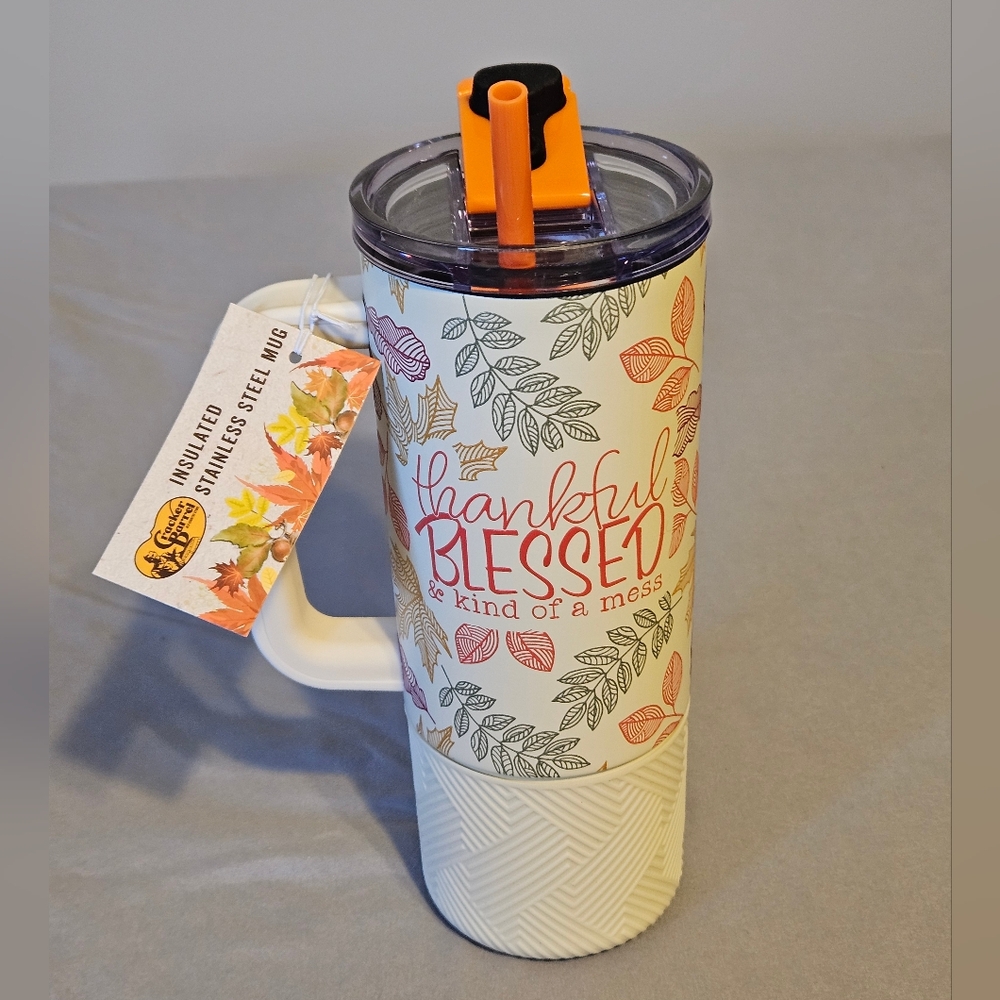 Leaf Pattern Insulated Travel Mug with Orange Straw